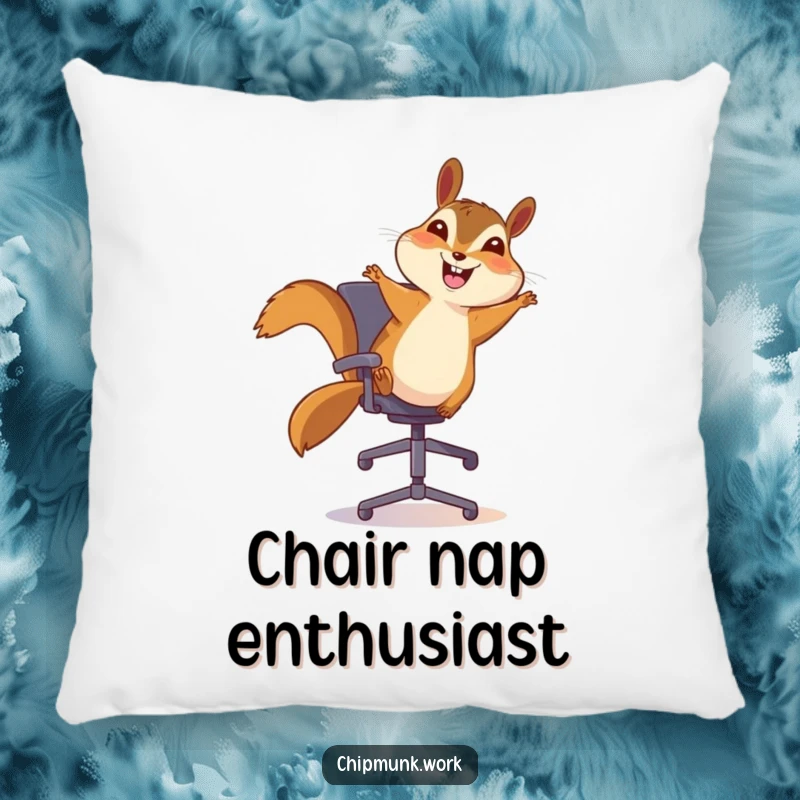 Funny chipmunk pillow, happily bouncing on an office chair with a huge smile, soft and plush with a cheerful design.