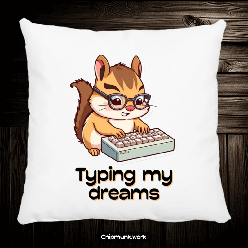 Funny Chipmunk Typist Pillow: A soft pillow depicting a tiny, glasses-wearing chipmunk humorously typing on a miniature keyboard.