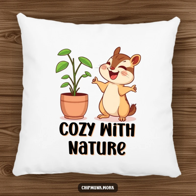 Funny chipmunk pillow, sharing a laugh with a desk plant, arms outstretched happily, soft and plush with a humorous theme.