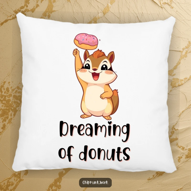 Funny chipmunk pillow featuring a happy squirrel triumphantly holding a miniature donut aloft.
