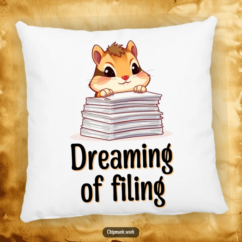 Funny chipmunk pillow, peeking over a stack of paperwork with a curious tilt, a cozy and humorous desk accessory.