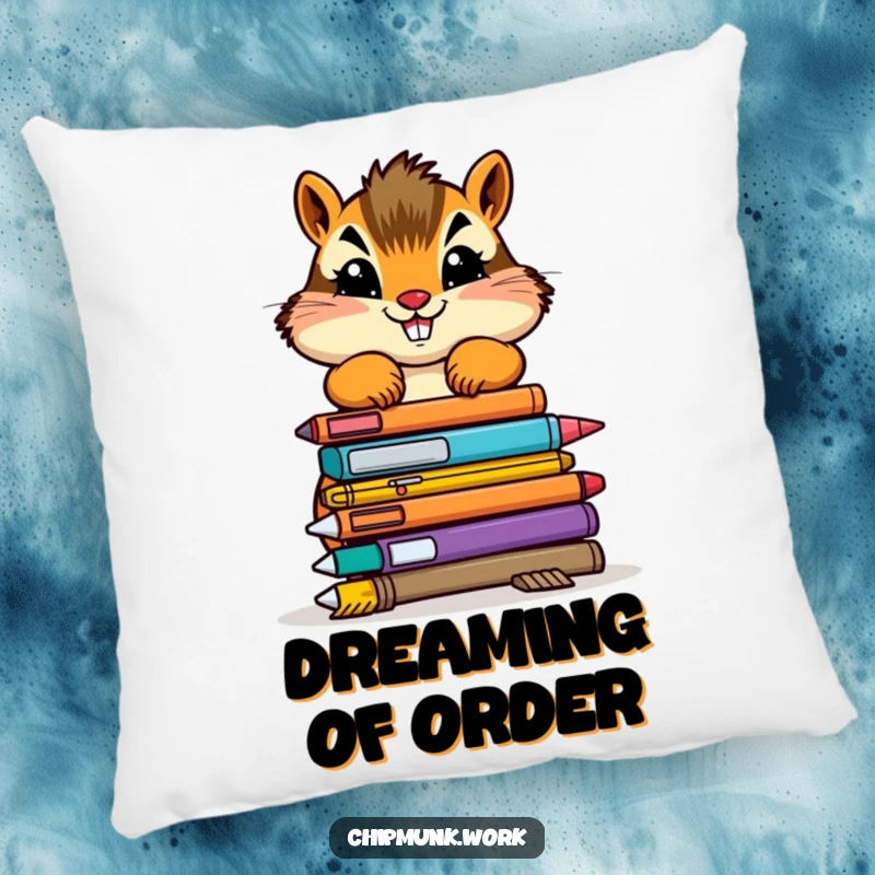 Funny chipmunk pillow featuring a determined creature stacking colorful, wobbly office supplies, soft for relaxation.
