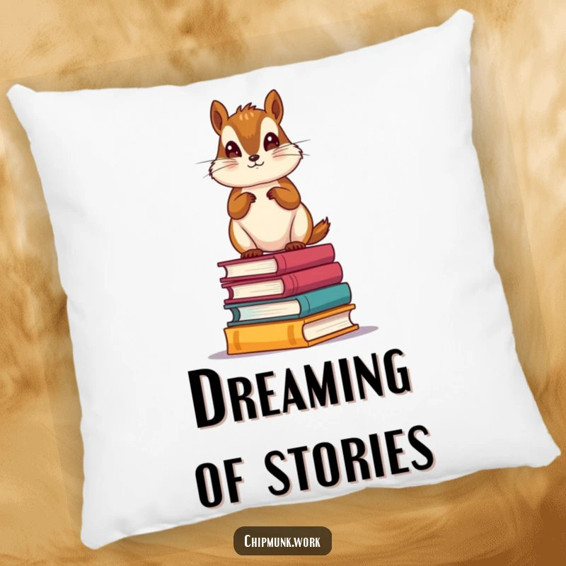 Funny Bookworm Chipmunk Pillow: Soft decorative pillow featuring a scholarly chipmunk standing on a stack of miniature books, perfect for reading nooks.