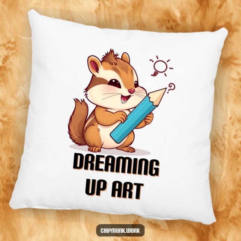 Funny chipmunk pillow, cuddling with a giant pencil, dreaming up silly ideas, soft and plush with a humorous design.