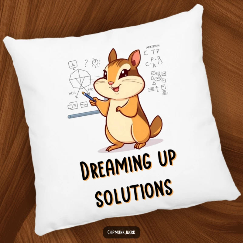 Funny chipmunk pillow, enthusiastically pointing at a complex diagram on a whiteboard, symbolizing smarts and comfort.