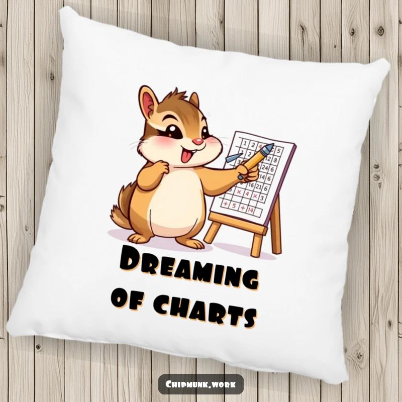 Funny pillow featuring an enthusiastic chipmunk character gesturing with a pen towards a chart. A soft and humorous decorative item.