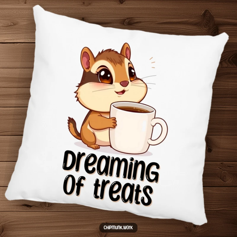 Funny chipmunk with wide eyes admiring a coffee mug, plush pillow for comfort and coffee humor.