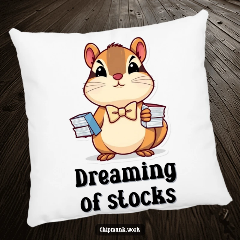 Funny pillow with a determined chipmunk in a bowtie holding business charts, offering plush comfort and a touch of professional humor.