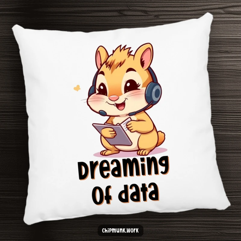 Funny chipmunk pillow, character wearing a headset, enthusiastically taking notes, a soft and humorous decorative accent.