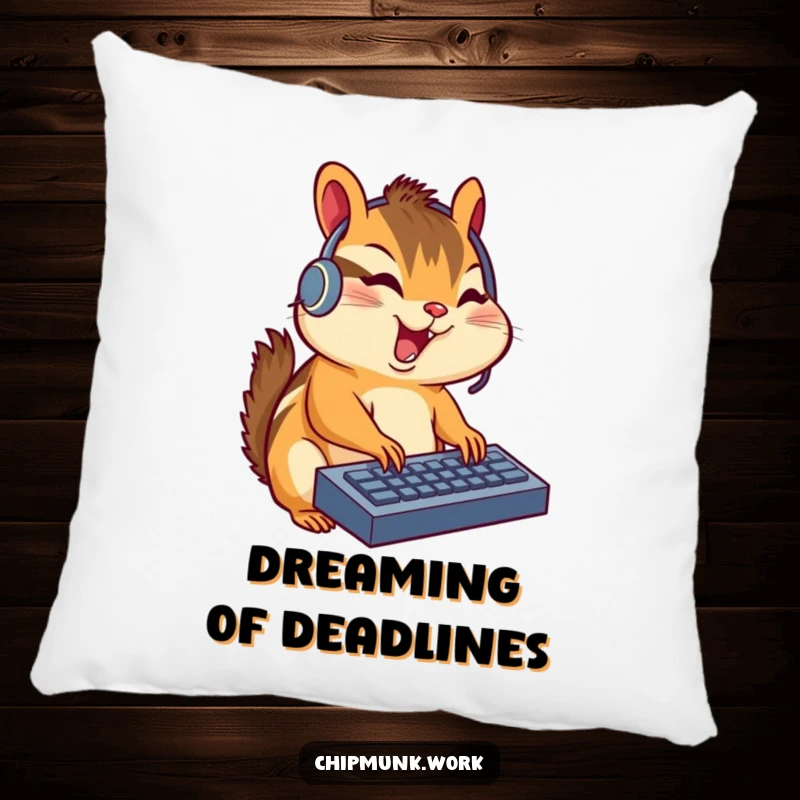 Funny chipmunk wearing a headset, typing excitedly on a mini keyboard, depicted on a pillow for gamer comfort.