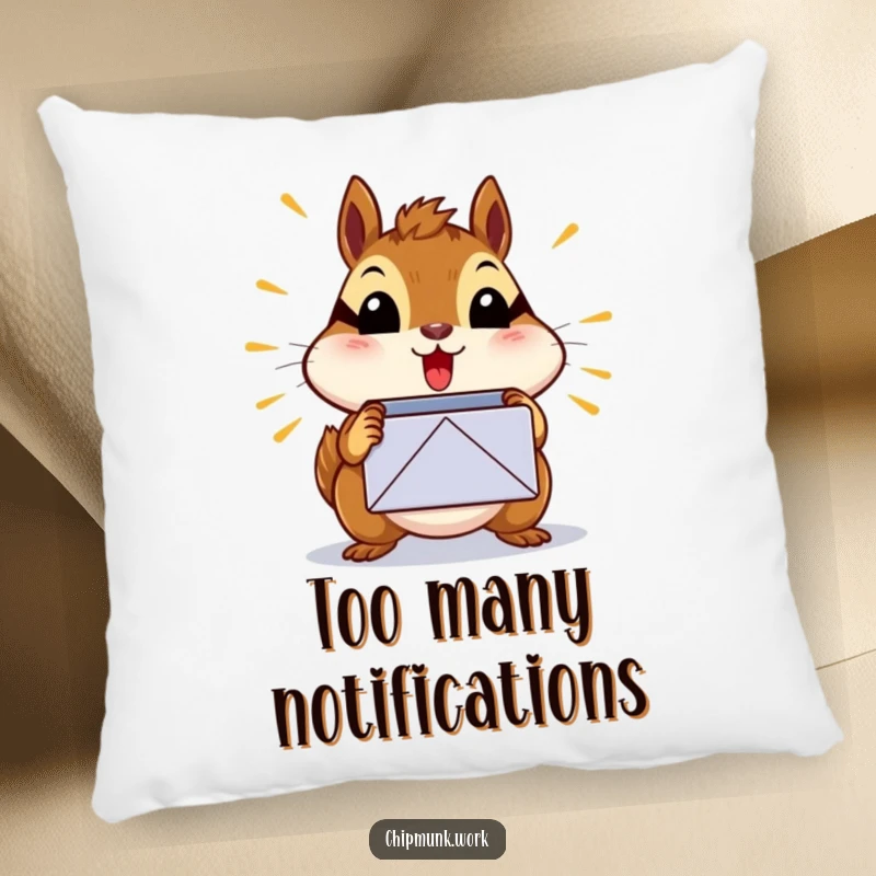 Funny surprised chipmunk pillow with a chipmunk shocked by a bursting inbox icon, perfect funny gift.