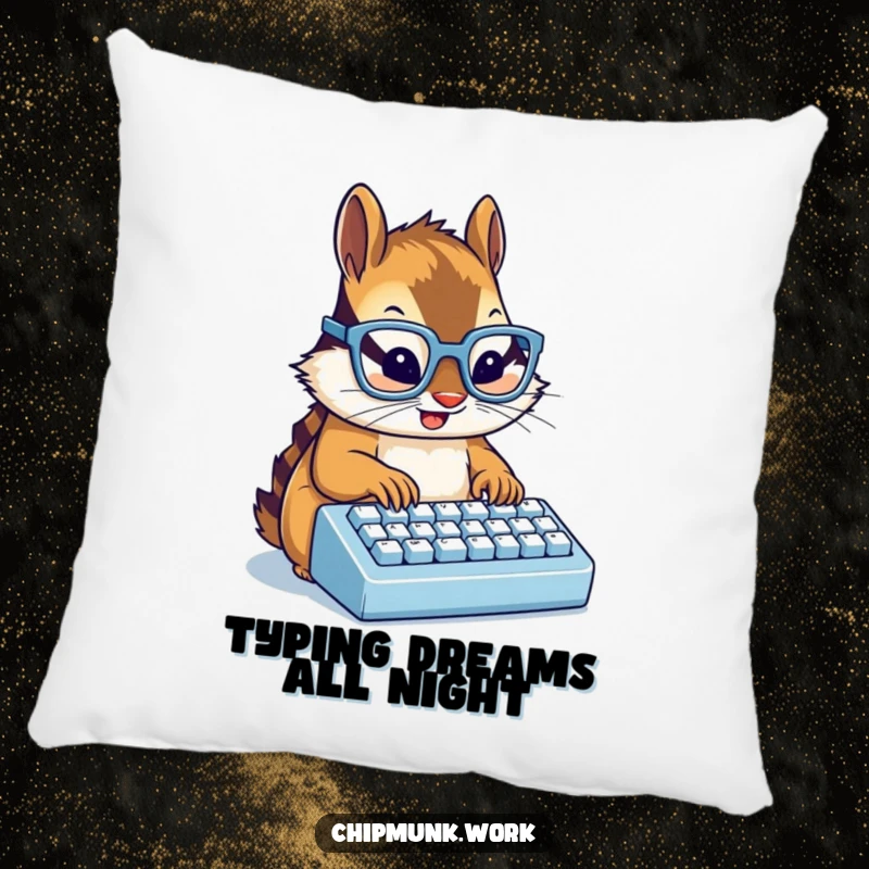 Funny chipmunk with glasses typing on a miniature keyboard, a soft and humorous decorative pillow for a funny gift.
