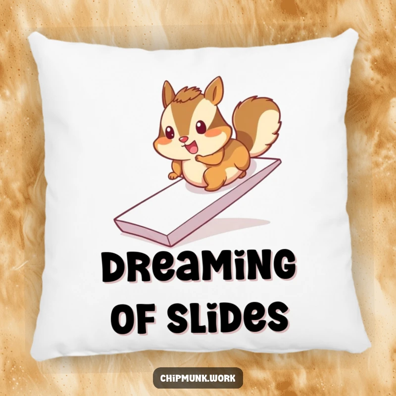 Funny chimpanzee pillow, cheerfully sliding down a paper ramp, soft cheerful decor, comfy and energetic.