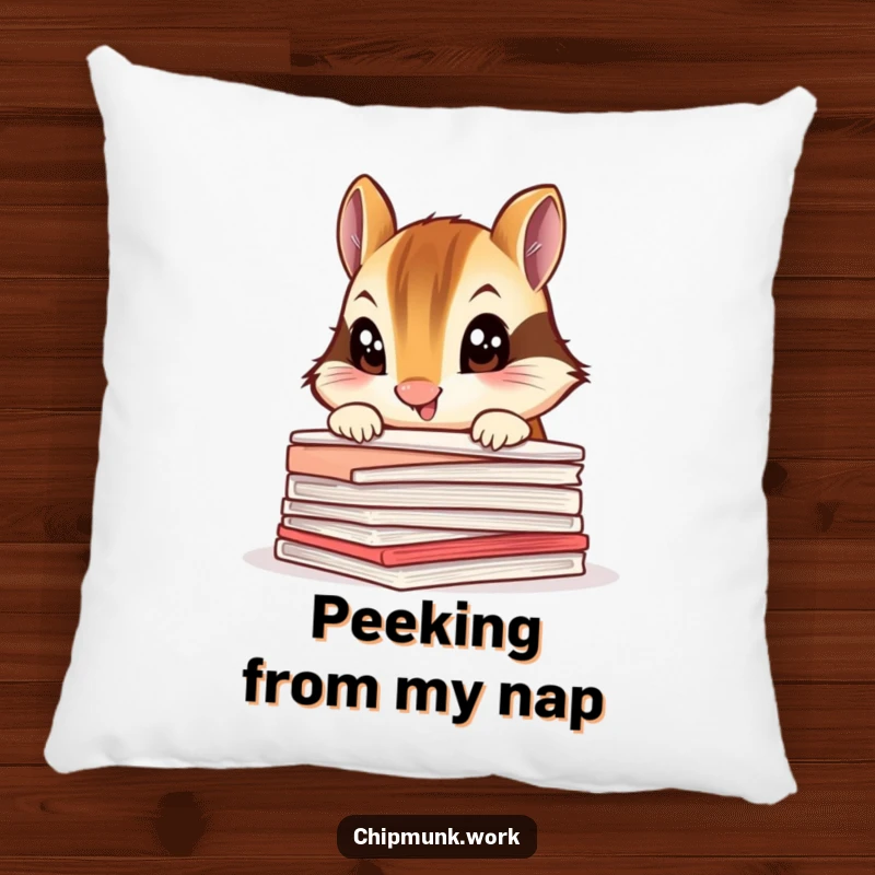Funny chipmunk pillow, a curious critter peeking over a stack of papers, perfect accent.