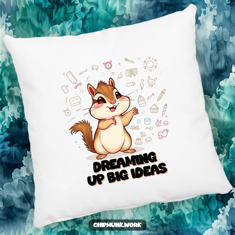 Funny chipmunk pillow, a cheerful critter pointing at a whiteboard covered in colorful doodles.