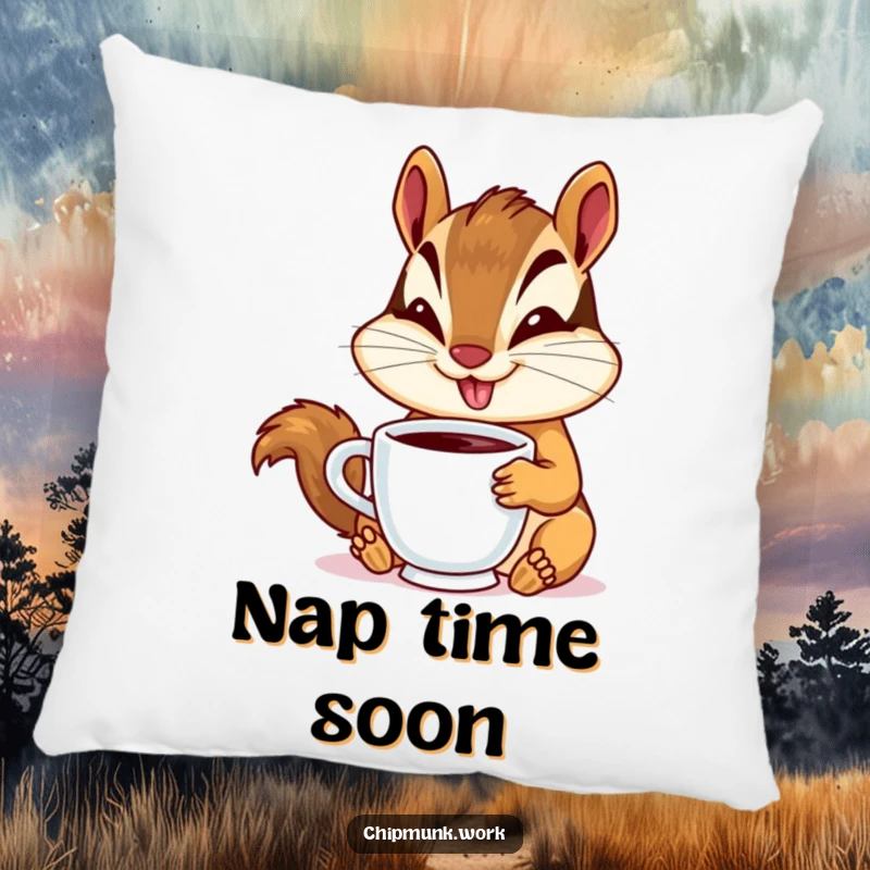 Funny chipmunk pillow with a goofy smiling chipmunk holding a tiny coffee cup, perfect for adding playful comfort.