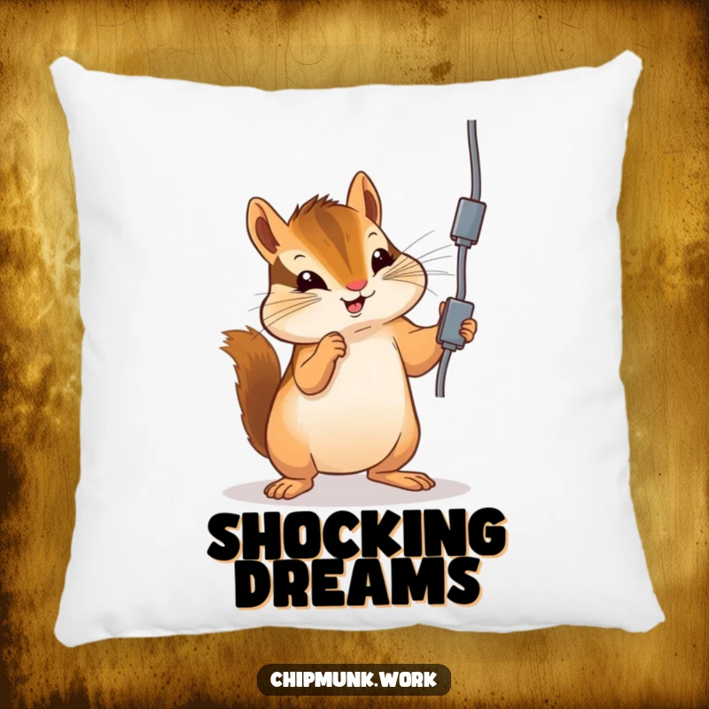 Funny chipmunk pillow with a chipmunk playfully batting at an electrical cord, perfect for adding humorous comfort.