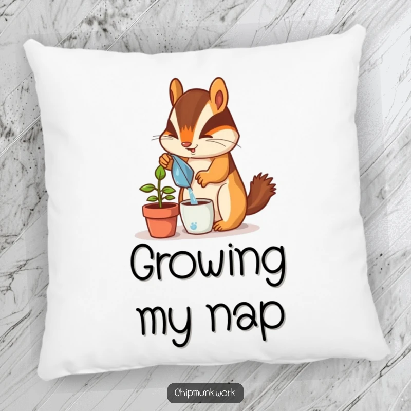 Funny chipmunk pillow, depicted watering a small desk plant with great enthusiasm, a soft and humorous decorative accent.