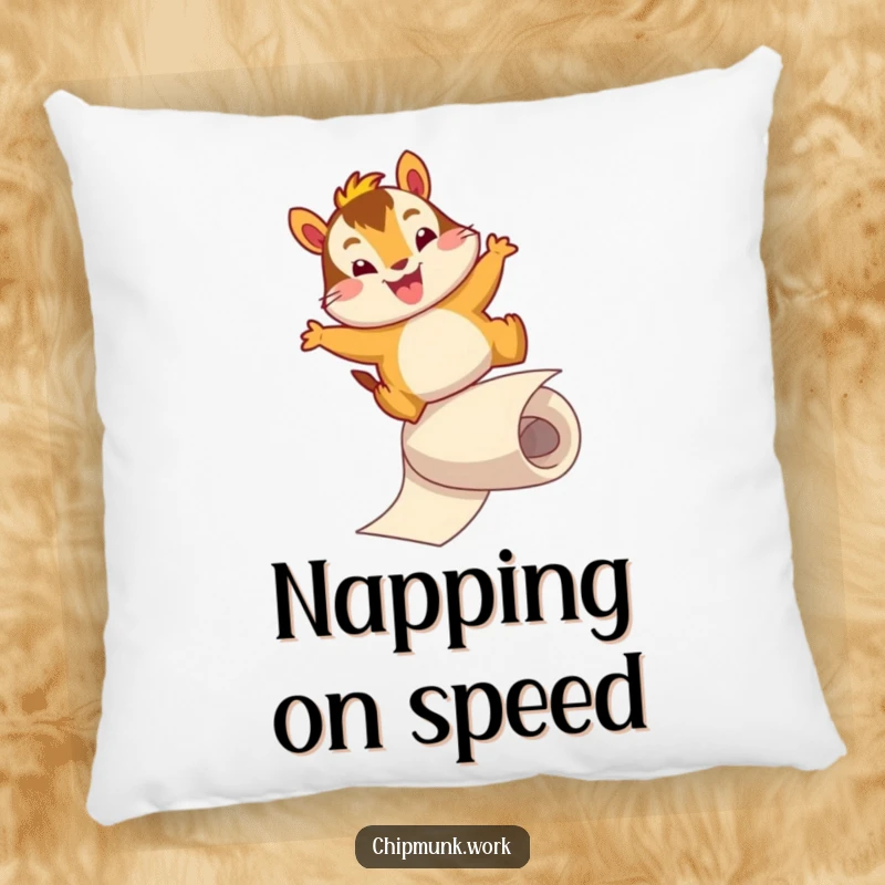Funny pillow featuring an energetic chipmunk character sliding down a paper roll with a joyful leap. A soft and humorous decorative item.