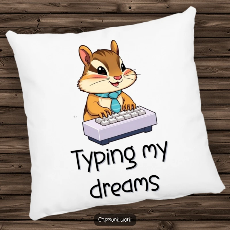 Funny chipmunk wearing a tie, typing on a miniature keyboard, designed on a soft pillow for humorous desk decor.