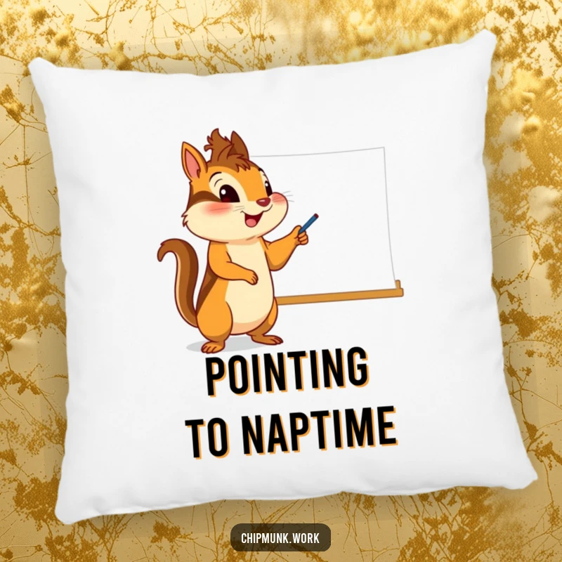 Funny chipmunk pillow, character enthusiastically pointing at a whiteboard, a soft and humorous decorative accent.