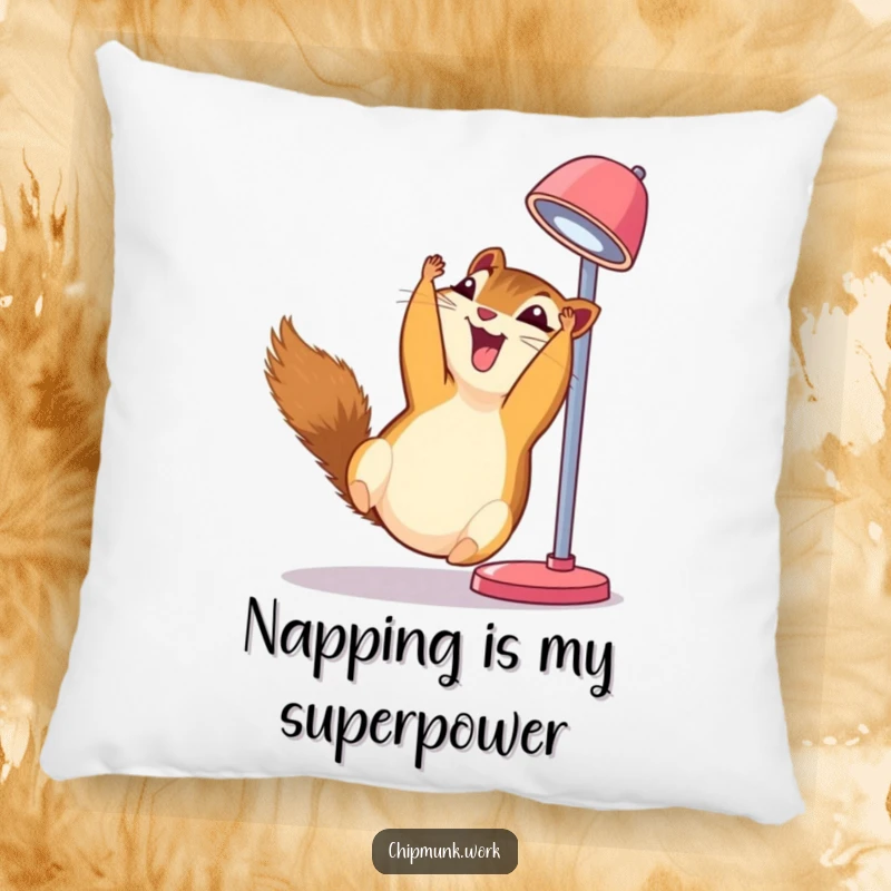 Funny chipmunk pillow, dangling upside down from a desk lamp, giggling with pure, unadulterated joy.