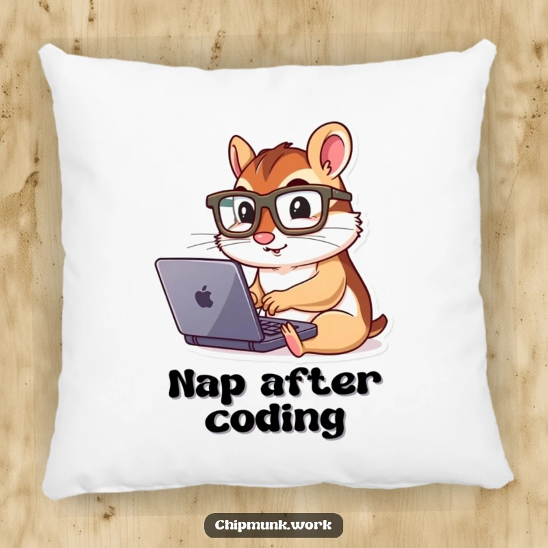 Funny chipmunk typing on a small laptop, depicted on a soft pillow, embodying focused productivity and comfort.