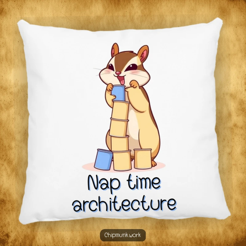 Funny chipmunk pillow featuring a cute squirrel enthusiastically stacking a tall, unstable tower of miniature paper cups.