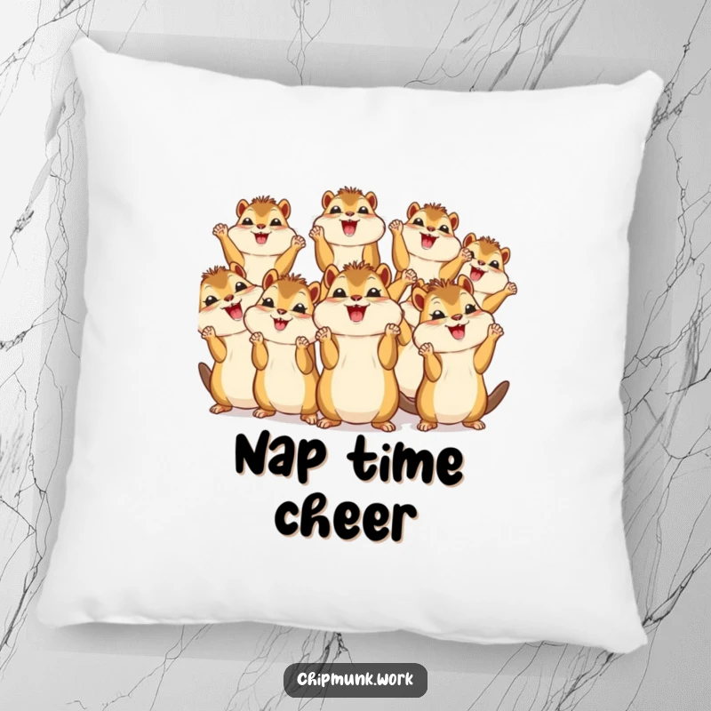 Funny pillow featuring a group of charming kawaii chipmunks cheering with tiny paws raised, providing soft comfort and cute appeal.
