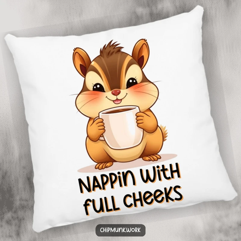 Funny pillow featuring a cheerful chipmunk character with full cheeks holding a tiny coffee mug. Soft, decorative, and humorous.