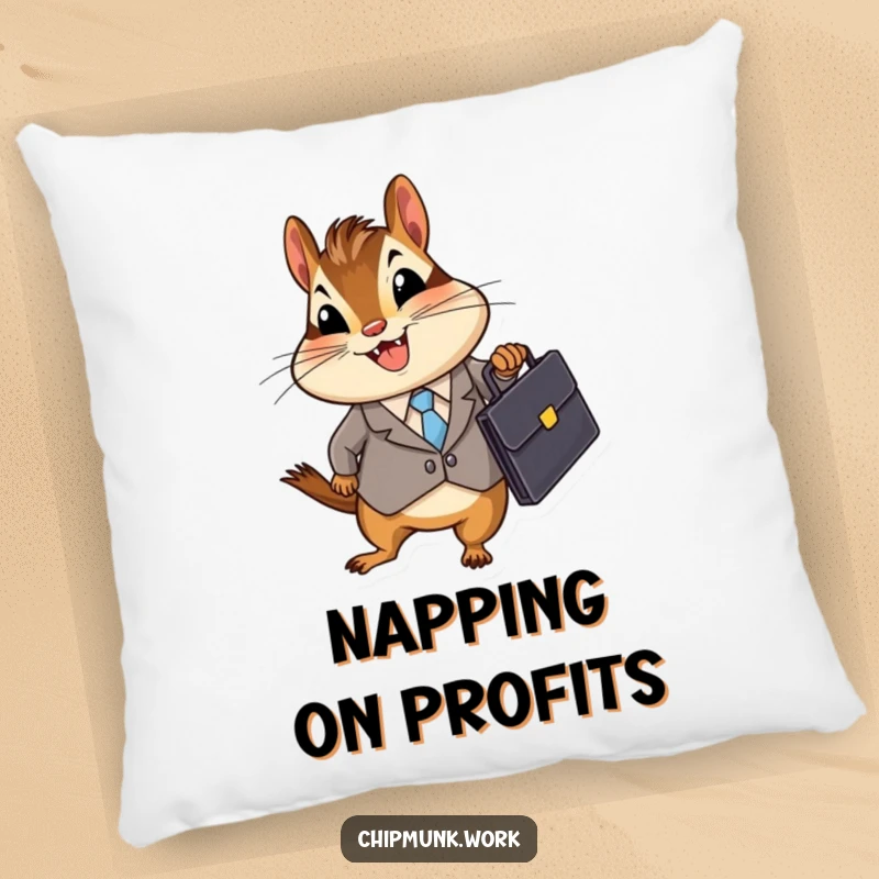 Funny Business Chipmunk Pillow featuring a chipmunk in a suit with a briefcase, offering plush comfort and a humorous, corporate aesthetic to any room.