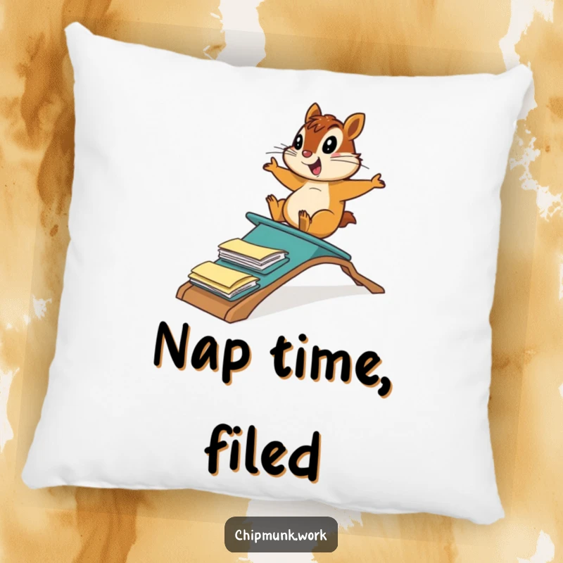 Funny chipmunk sliding down a ramp of file folders, making this pillow a soft, humorous, and comforting decorative item for office spaces.