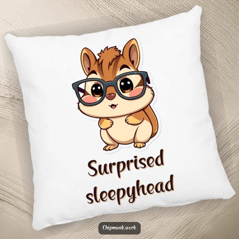 Funny chipmunk pillow, character wearing oversized glasses, looking comically surprised, a soft and humorous decorative accent.