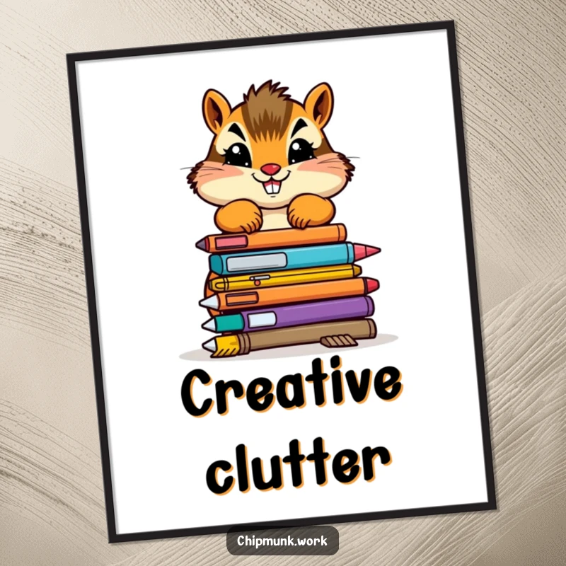 Funny chipmunk digital art print of a determined creature stacking colorful, wobbly office supplies, for instant download.
