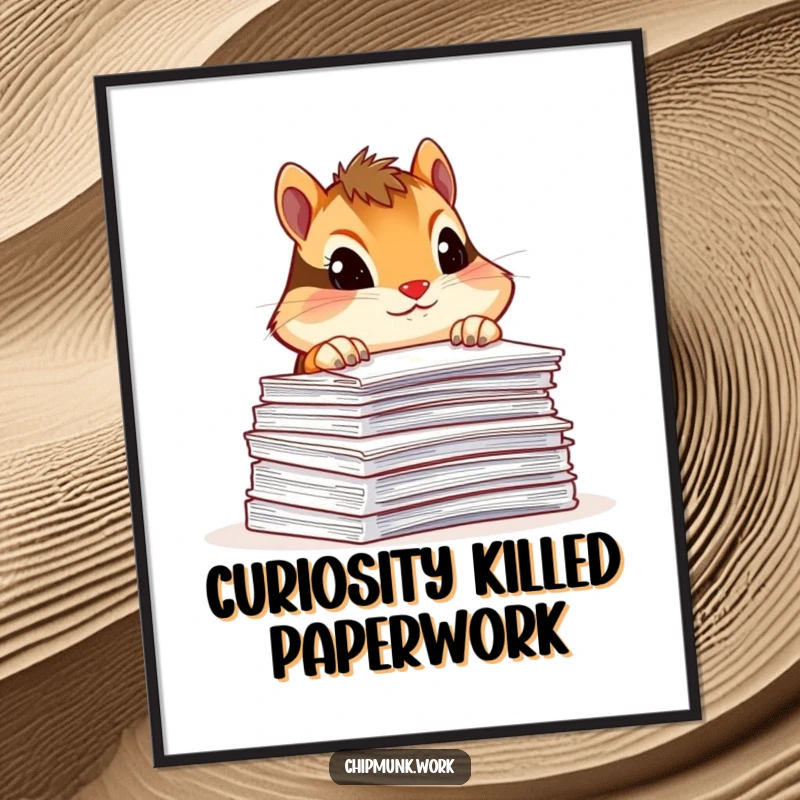Funny chipmunk digital art print, peeking over a stack of paperwork with a curious tilt, depicting relatable office humor.