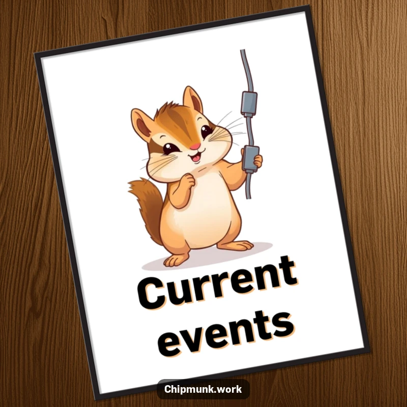 Funny chipmunk digital art print of a chipmunk playfully batting at a dangling electrical cord, a humorous scene.