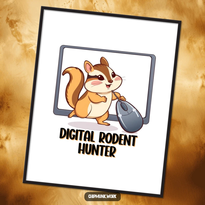 Funny Chipmunk Digital Art Print: High-resolution artwork of a chipmunk comically pursuing a computer mouse cursor, ideal for tech-themed decor.