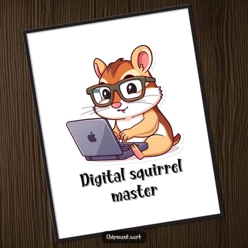 Funny chipmunk furiously typing on a tiny laptop, wearing glasses, available as a digital art print.