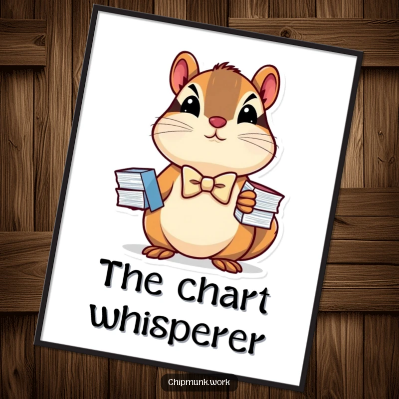 Funny digital art print of a determined chipmunk wearing a mini bowtie and holding business charts, symbolizing success and humor.