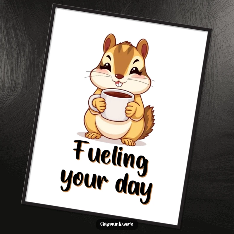 Funny chipmunk offering a tiny coffee mug with both paws, high-resolution digital art print for instant download.