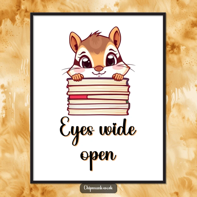 Funny chipmunk digital art print of a curious chipmunk peeking over a stack of files with wide eyes, instant download.