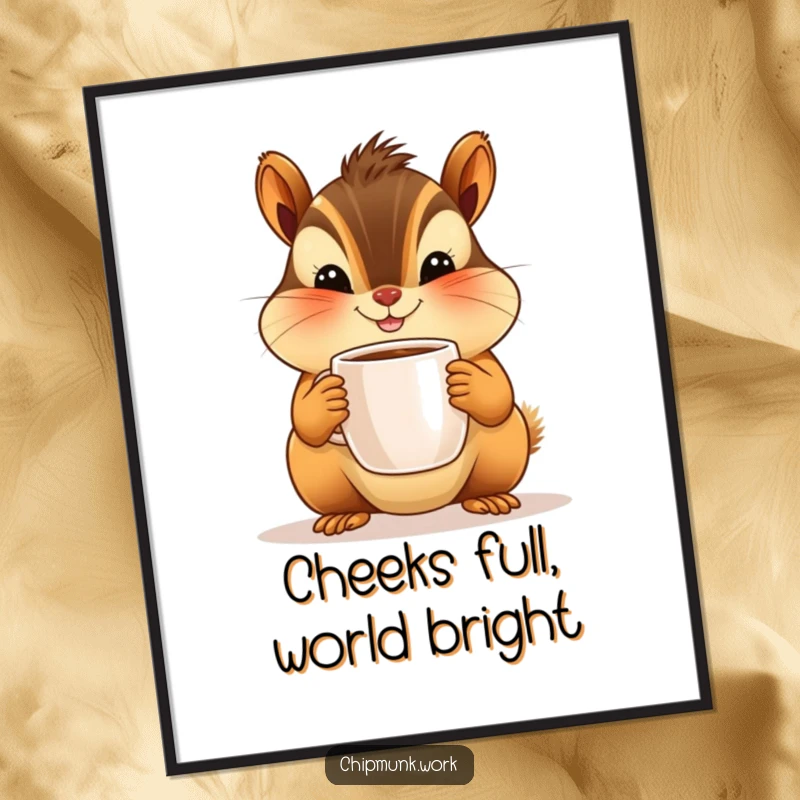 Funny digital art of a smiling chipmunk character with full cheeks holding a tiny coffee mug. High-resolution, humorous artwork.