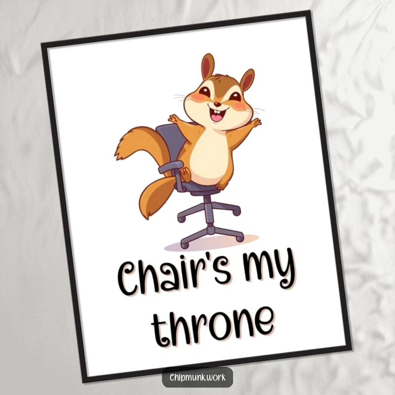 Funny chipmunk digital art print, a chipmunk happily bouncing on an office chair with a wide smile, radiating pure joy.