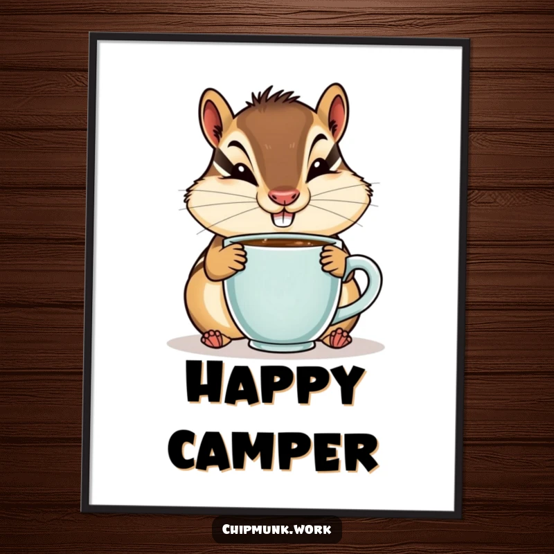 Funny digital art print of a chipmunk with a goofy smile sipping from a tiny coffee cup, ready for instant download.