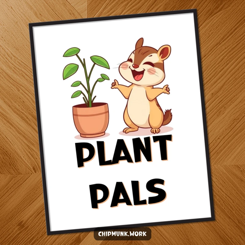 Funny chipmunk digital art print, a chipmunk sharing a hearty laugh with a desk plant, arms outstretched in amusement.