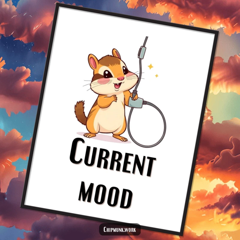 Funny digital art print of a chipmunk playfully batting at a dangling electrical cord, ready for instant download.