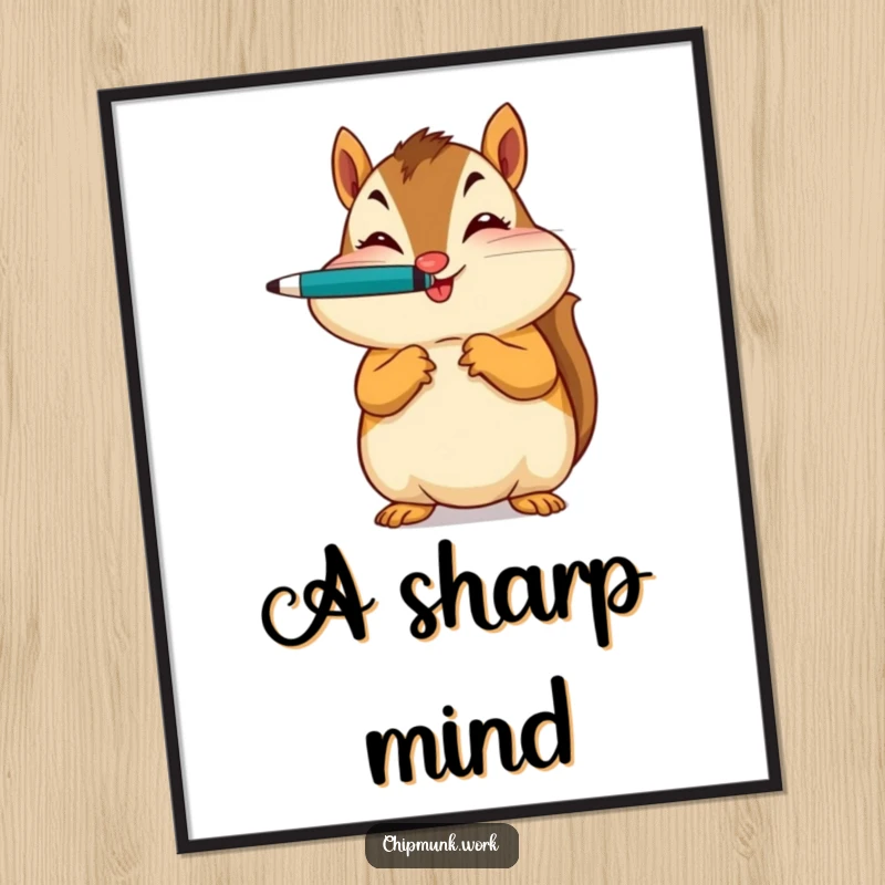 Funny digital art print of a chipmunk balancing a pen on its nose with a playful wink, ready to frame.