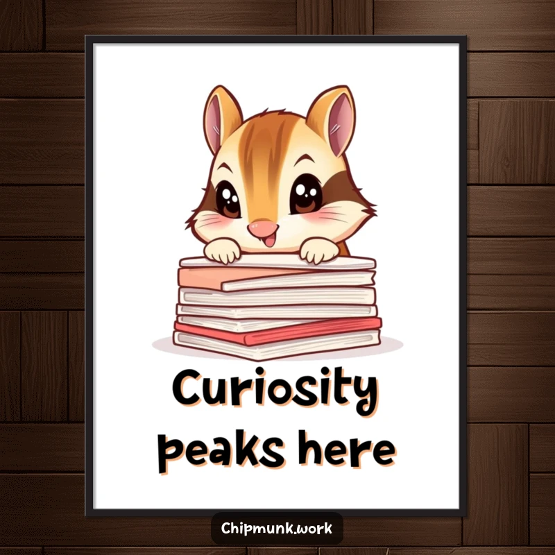 Funny chipmunk digital art print, a curious animal peeking over papers, instant quirky decor.