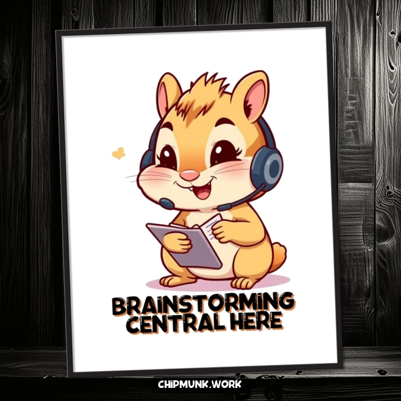 Funny chipmunk digital art print, character wearing a headset, excitedly taking notes, creating an inspiring and humorous piece.