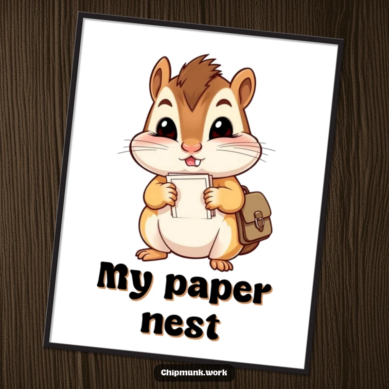 Funny digital art print of a mischievous chipmunk with comically large cheeks stuffing papers into a tiny satchel, capturing a humorous moment.